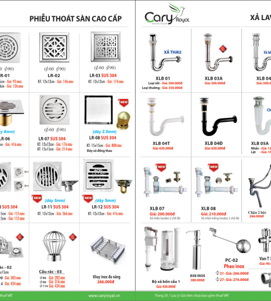PHIỄU THOÁT SÀN CAO CẤP, XẢ LAVABO CARY ROYAL CHIẾU KHẤU 55-60%