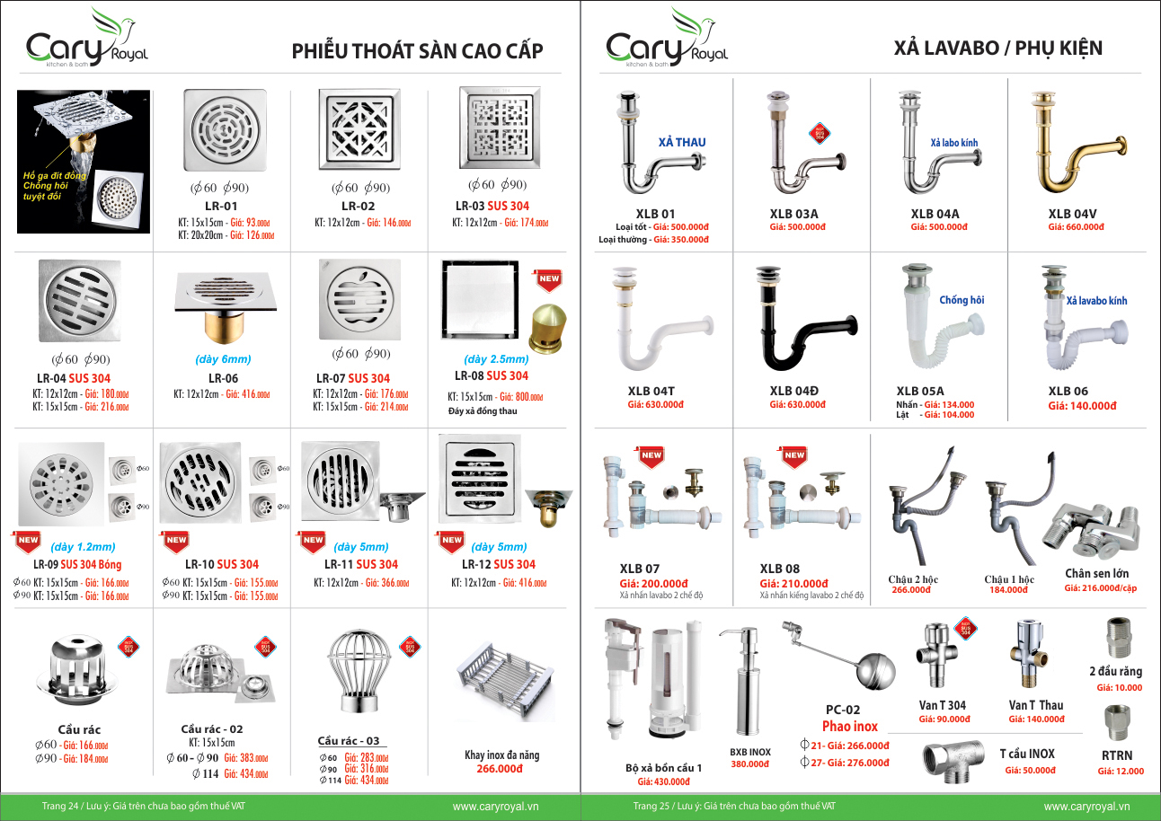 PHIỄU THOÁT SÀN CAO CẤP, XẢ LAVABO CARY ROYAL CHIẾU KHẤU 55-60%