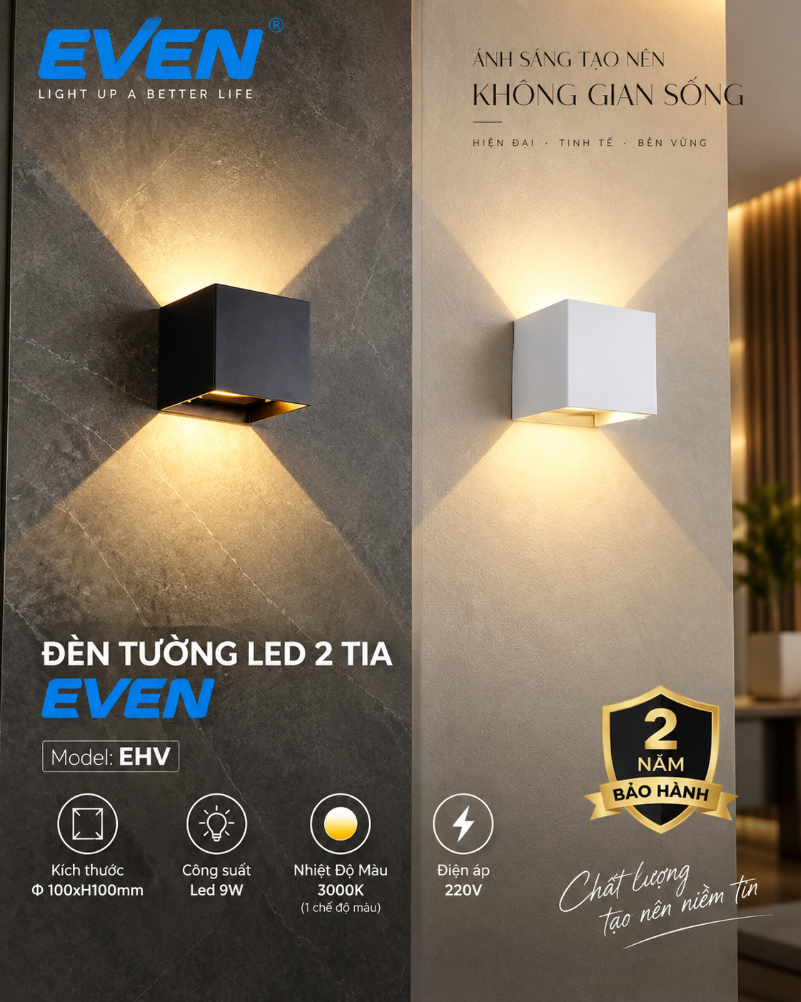 HẮT TƯỜNG 9W VUÔNG EVEN. XEM BẢNG GIÁ