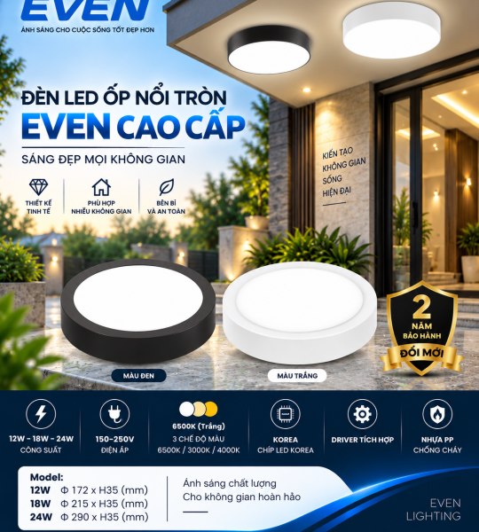 HÀNG TỐT. ỐP NỔI LED TRÒN 12W - 18W - 24W EVEN. XEM BẢNG GIÁ