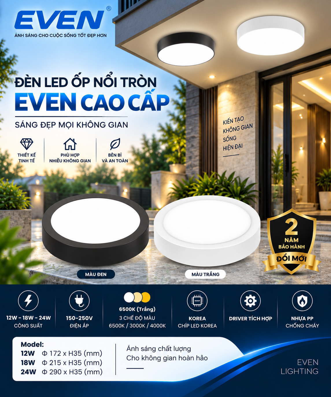 HÀNG TỐT. ỐP NỔI LED TRÒN 12W - 18W - 24W EVEN. XEM BẢNG GIÁ