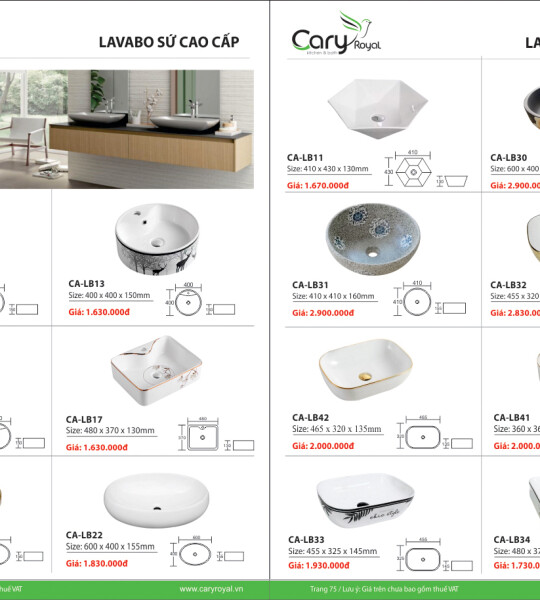 LAVABO SỨ CAO CẤP-CARY ROYAL 2023 CHIẾT KHẤU TỪ 55% - 60%