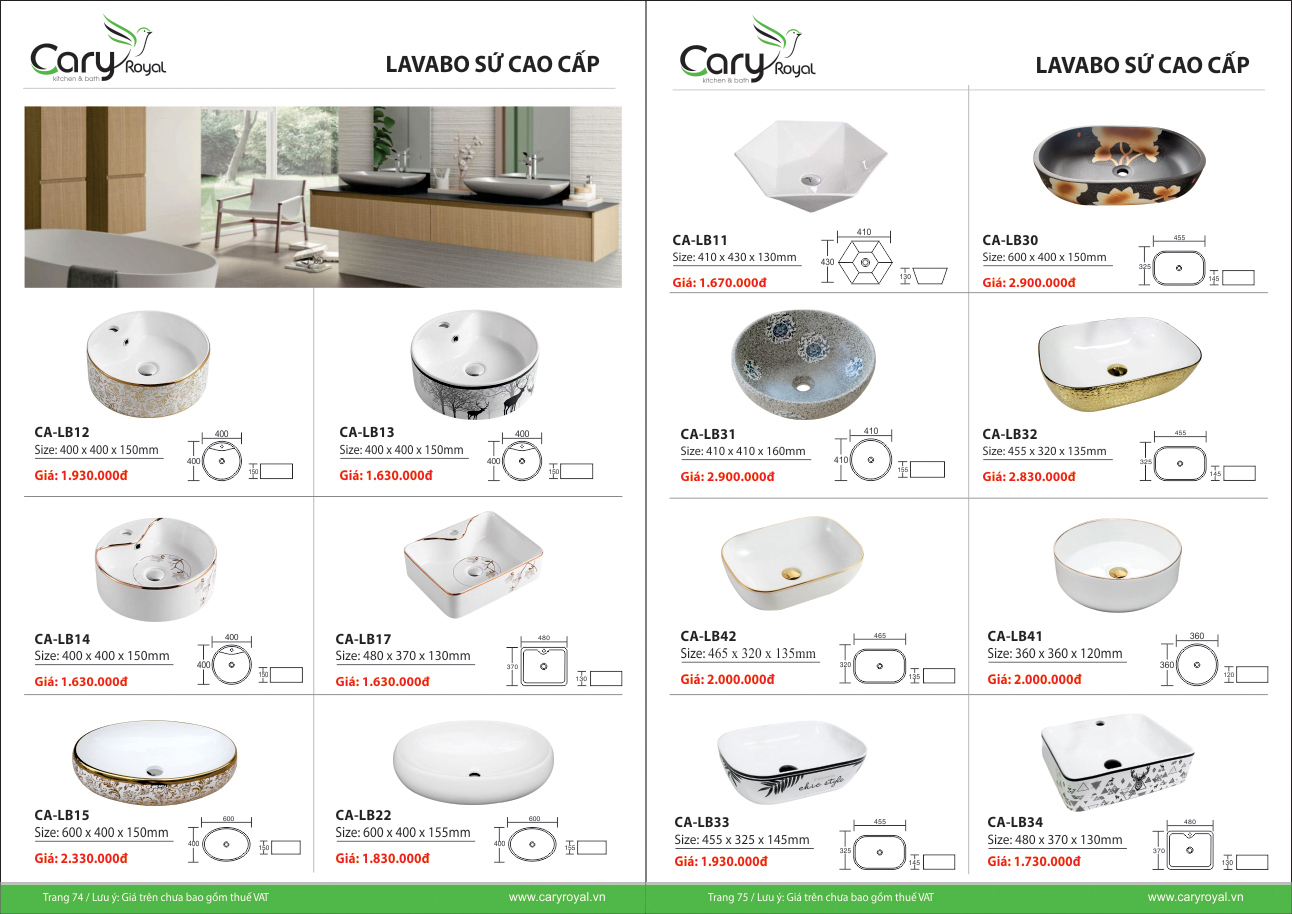 LAVABO SỨ CAO CẤP-CARY ROYAL 2023 CHIẾT KHẤU TỪ 55% - 60%
