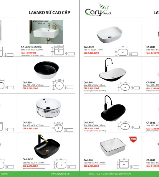 LAVABO SỨ CAO CẤP-CARY ROYAL 2023 CHIẾT KHẤU TỪ 55% - 60%