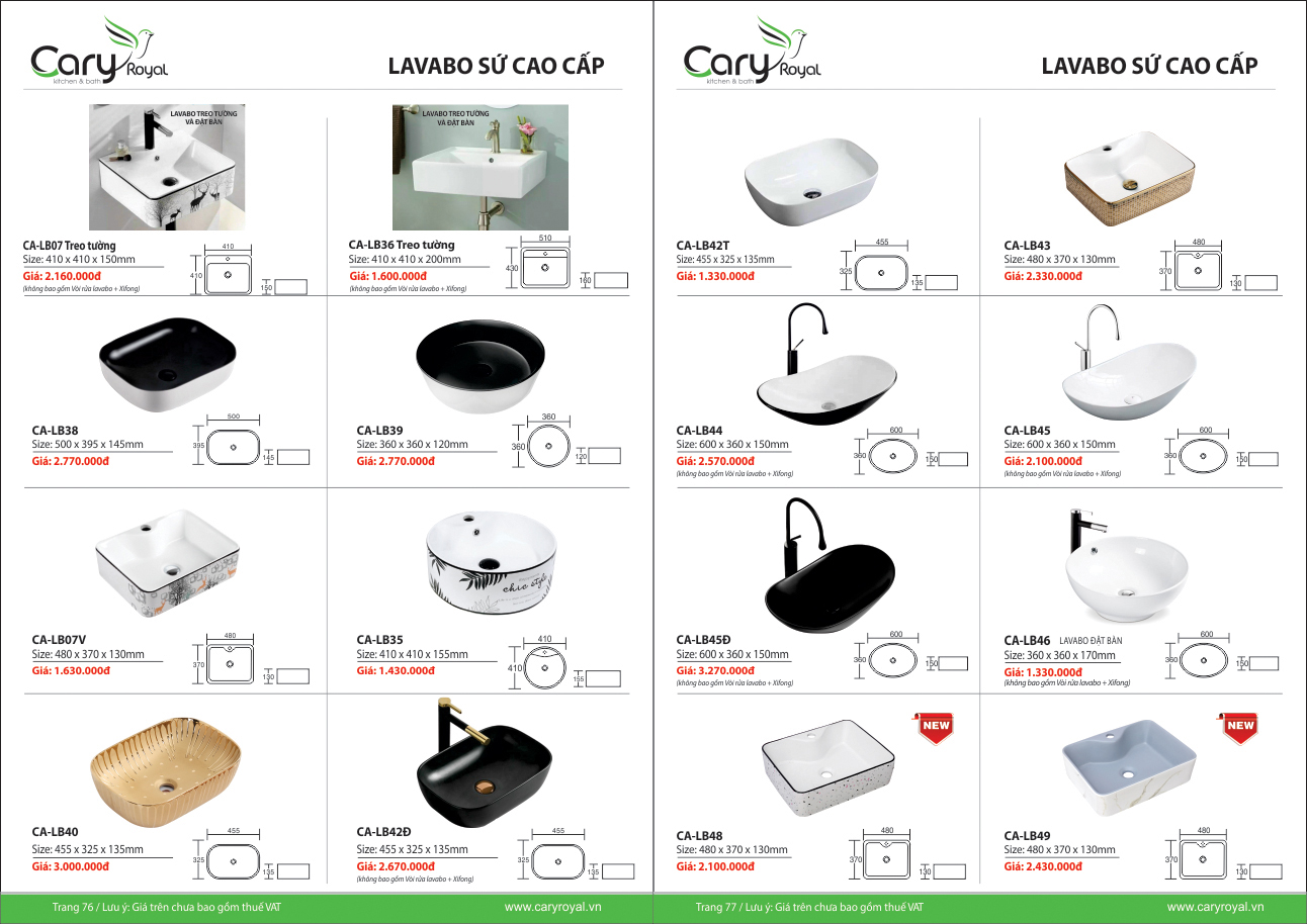 LAVABO SỨ CAO CẤP-CARY ROYAL 2023 CHIẾT KHẤU TỪ 55% - 60%