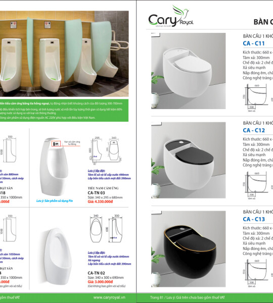 TIỂU NAM CẢM ỨNG-BÀN CẦU 1 KHỐI CAO CẤP -CARY ROYAL 2023 CHIẾT KHẤU TỪ 55% - 60%