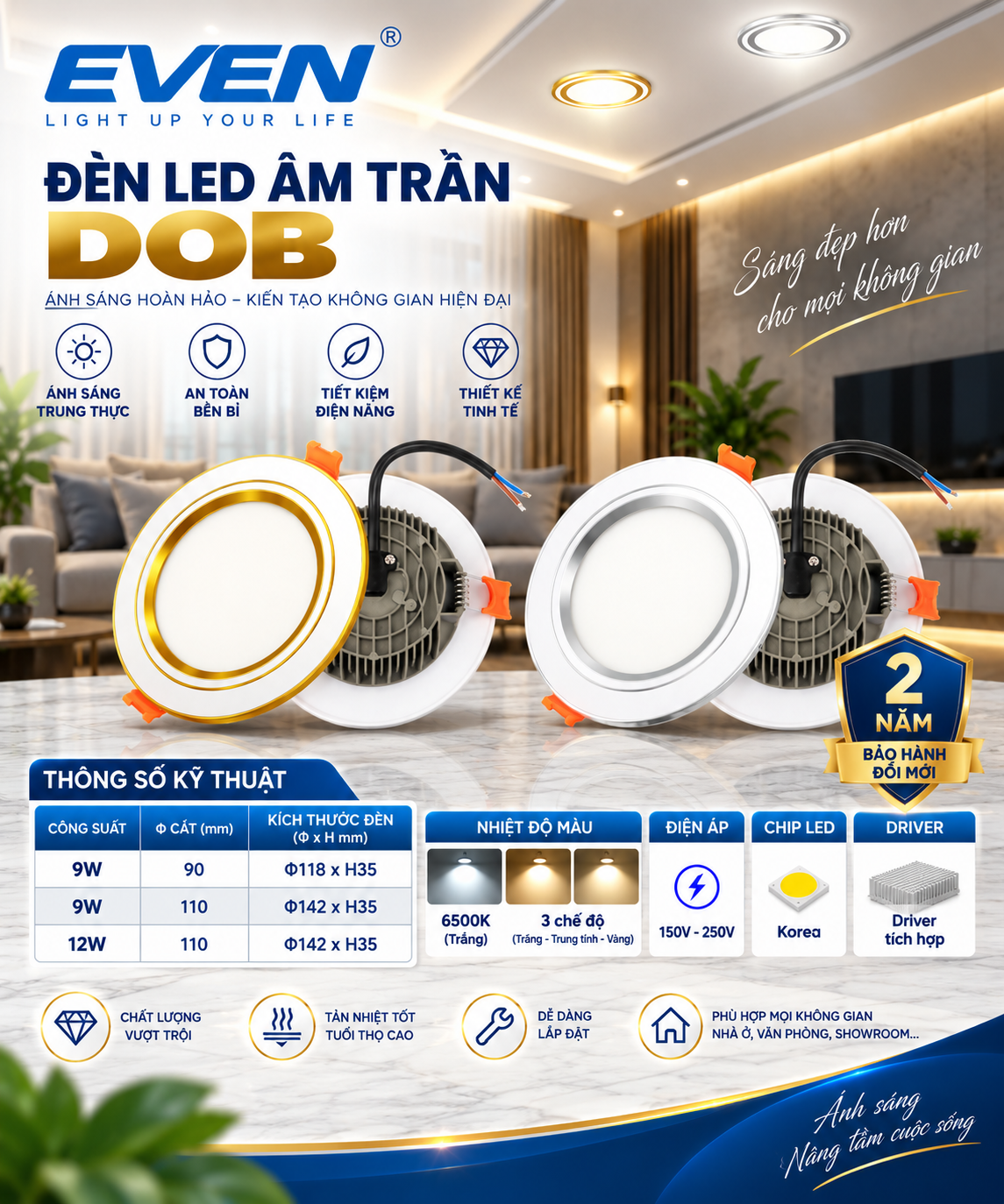 HÀNG TỐT. ĐÈN ÂM TRẦN DOB 7W - 9W - 12W  EVEN. XEM BẢNG GIÁ