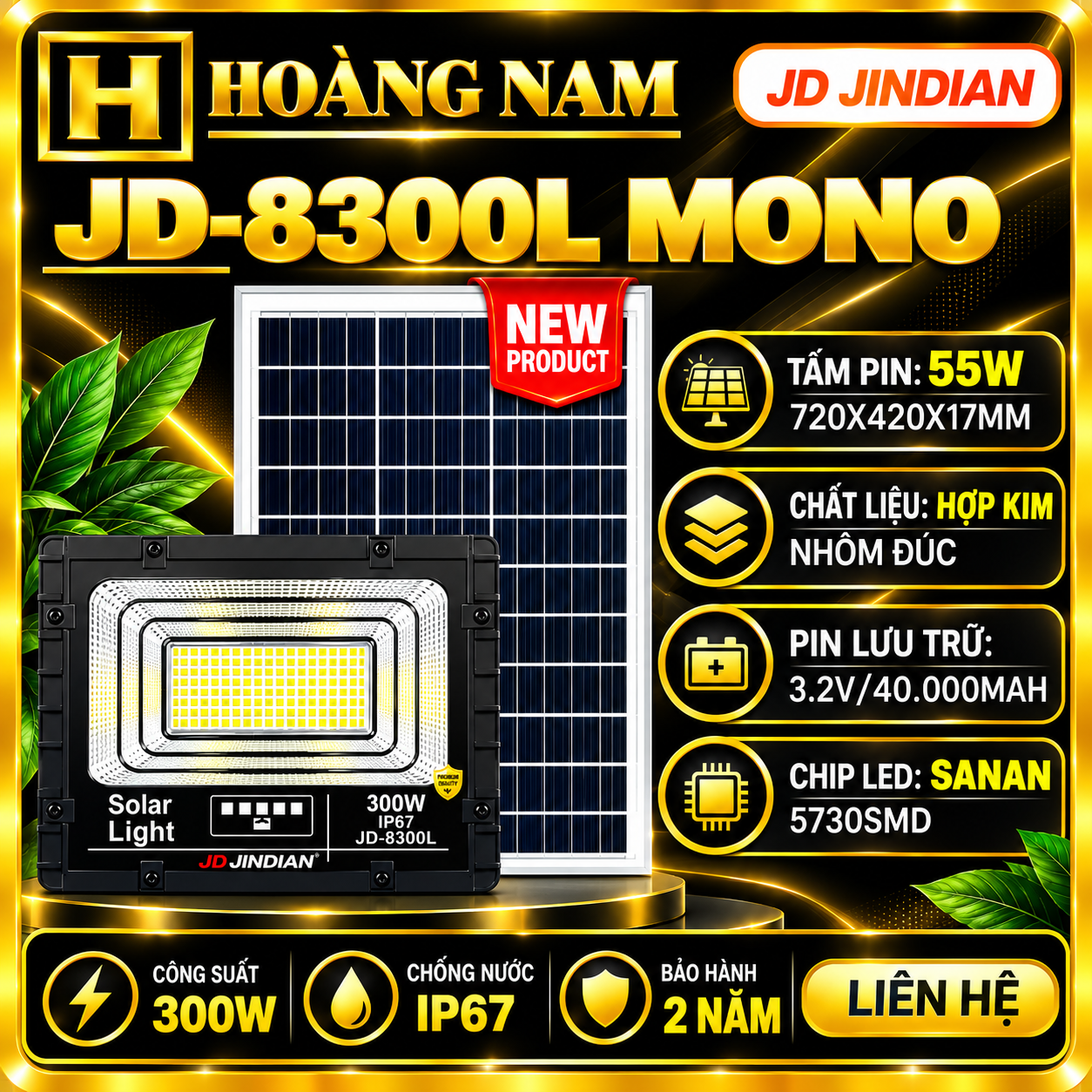 Đèn Năng Lượng Mặt Trời 300W Jindian JD-8300L Mono New 2026. HÀNG XỊN