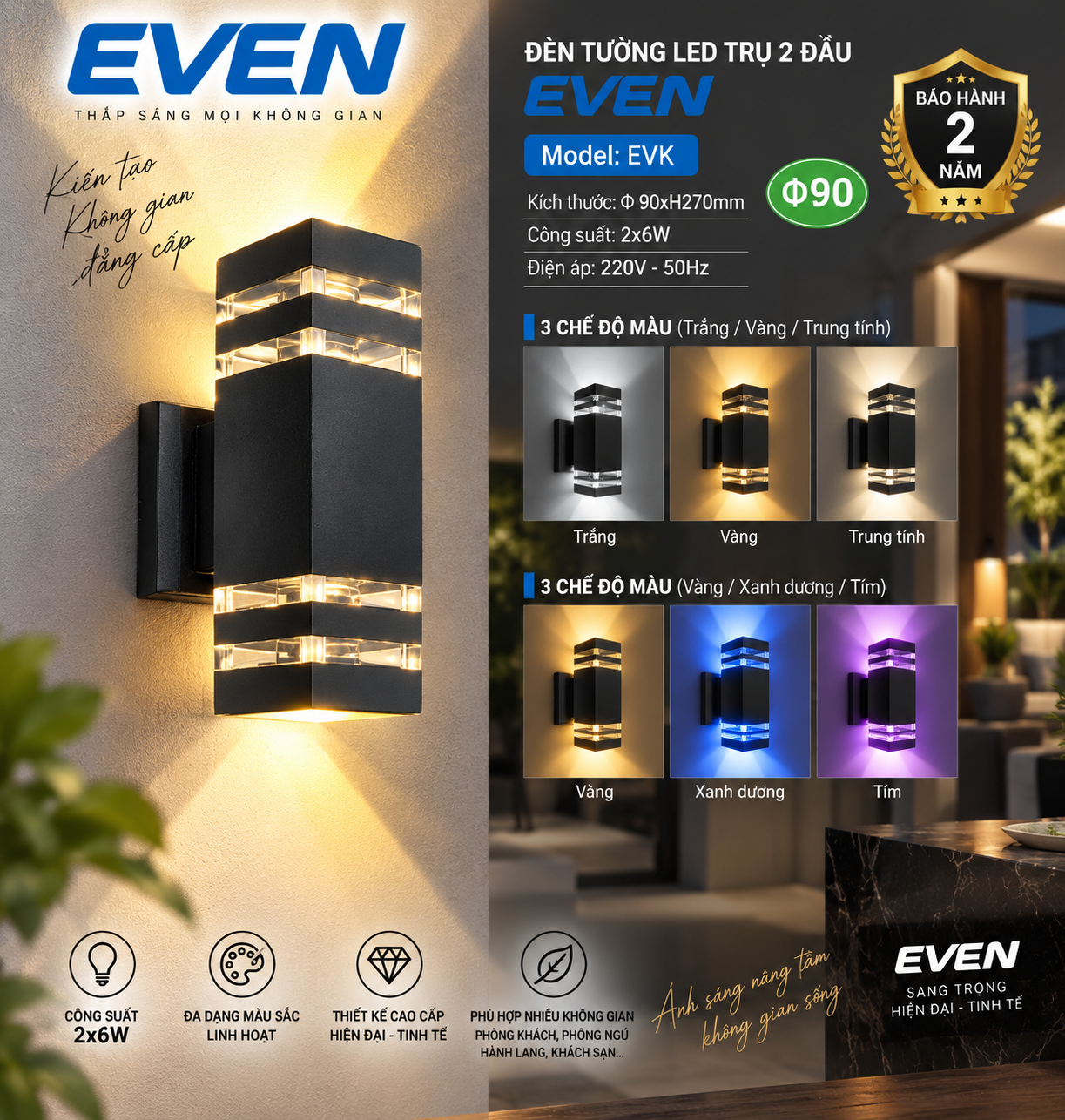 ĐÈN TƯỜNG LED VUÔNG 2 ĐẦU 3 CHẾ ĐỘ EVEN