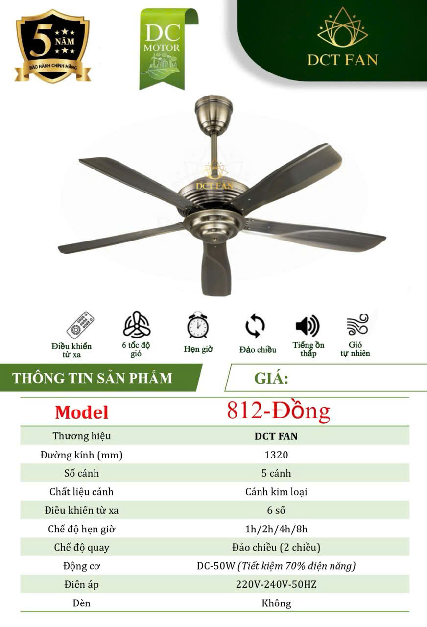 Quạt Đèn Trang Trí 5 Cánh 812 - Đồng - BH: 5 Năm