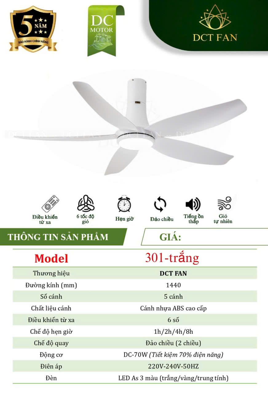 Quạt Đèn Trang Trí 5 Cánh 301 - Trắng - BH: 5 Năm